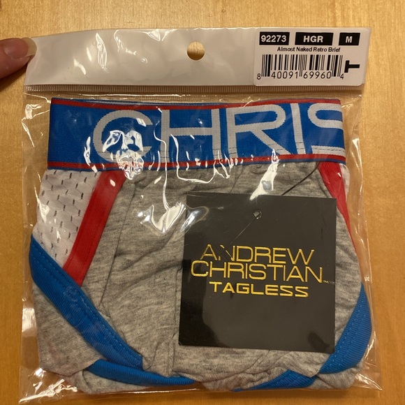 Medium Andrew Christian “Almost Naked” Mesh & Cotton Brief White Grey Blue Red - Picture 5 of 9